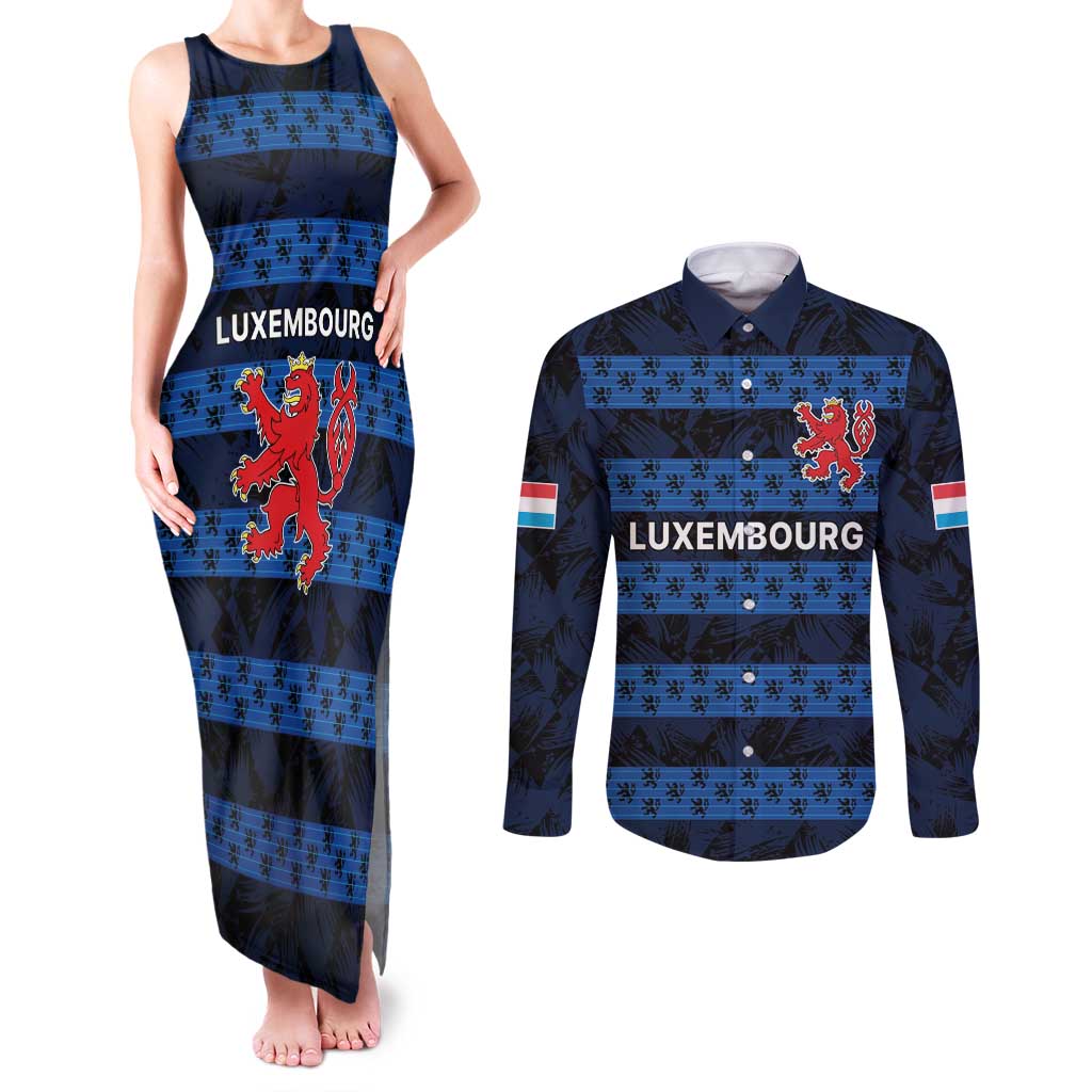 Luxembourg Football Custom Couples Matching Tank Maxi Dress and Long Sleeve Button Shirt The Red Lions Tribal Pattern LT9 - Wonder Print Shop