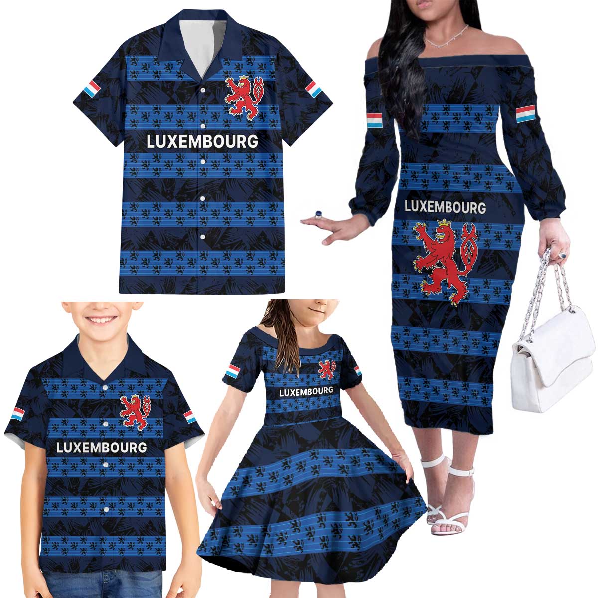 Luxembourg Football Custom Family Matching Off The Shoulder Long Sleeve Dress and Hawaiian Shirt The Red Lions Tribal Pattern - Wonder Print Shop