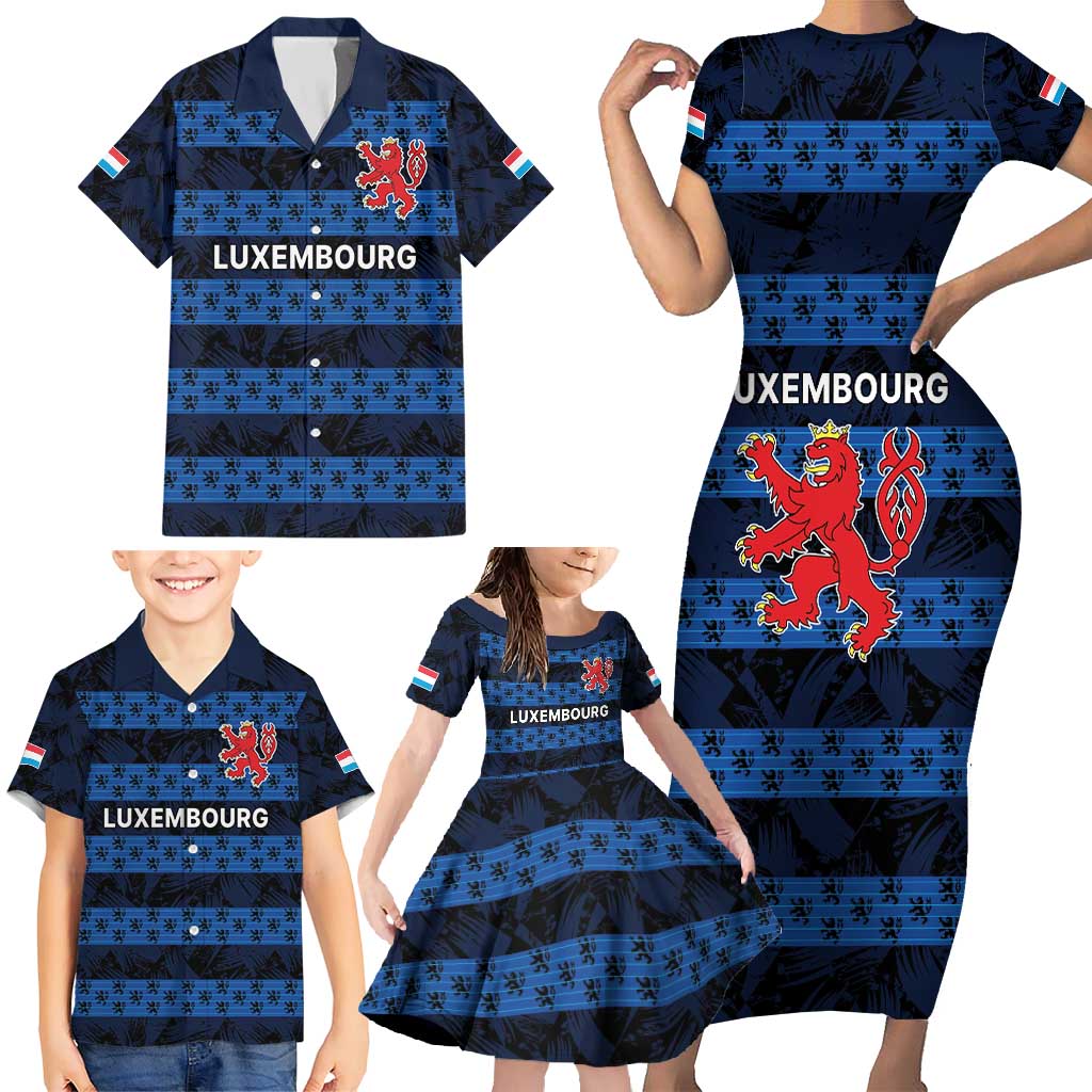 Luxembourg Football Custom Family Matching Short Sleeve Bodycon Dress and Hawaiian Shirt The Red Lions Tribal Pattern - Wonder Print Shop