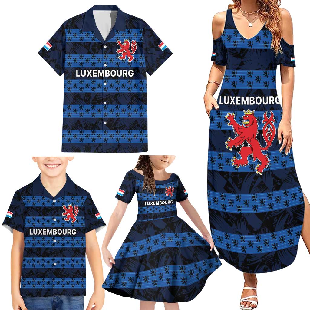 Luxembourg Football Custom Family Matching Summer Maxi Dress and Hawaiian Shirt The Red Lions Tribal Pattern - Wonder Print Shop