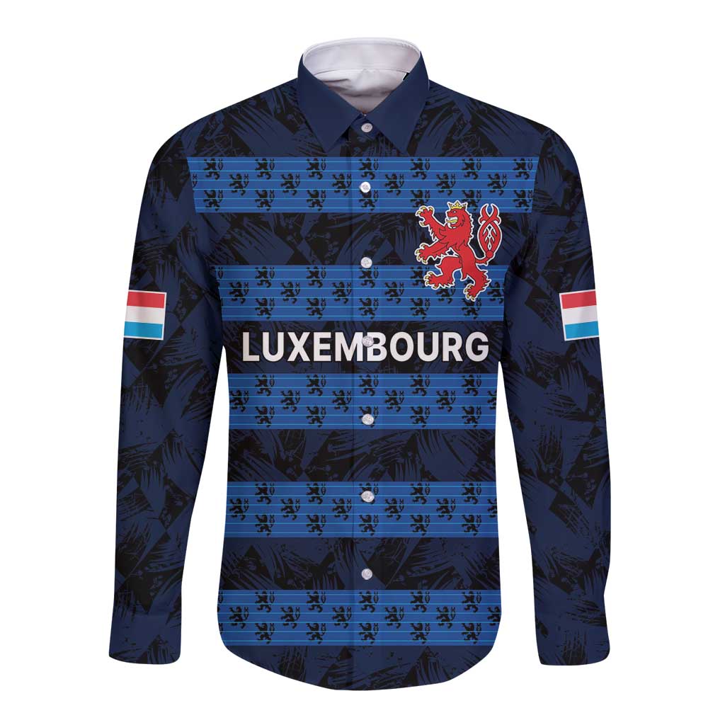Blue long-sleeve button football shirt with Luxembourg stripe panel and lion crest