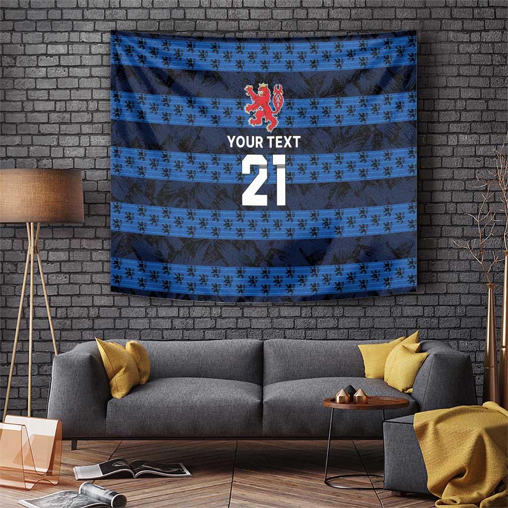 Blue custom football tapestry with red crest, white “YOUR TEXT,” and number 21, striped design