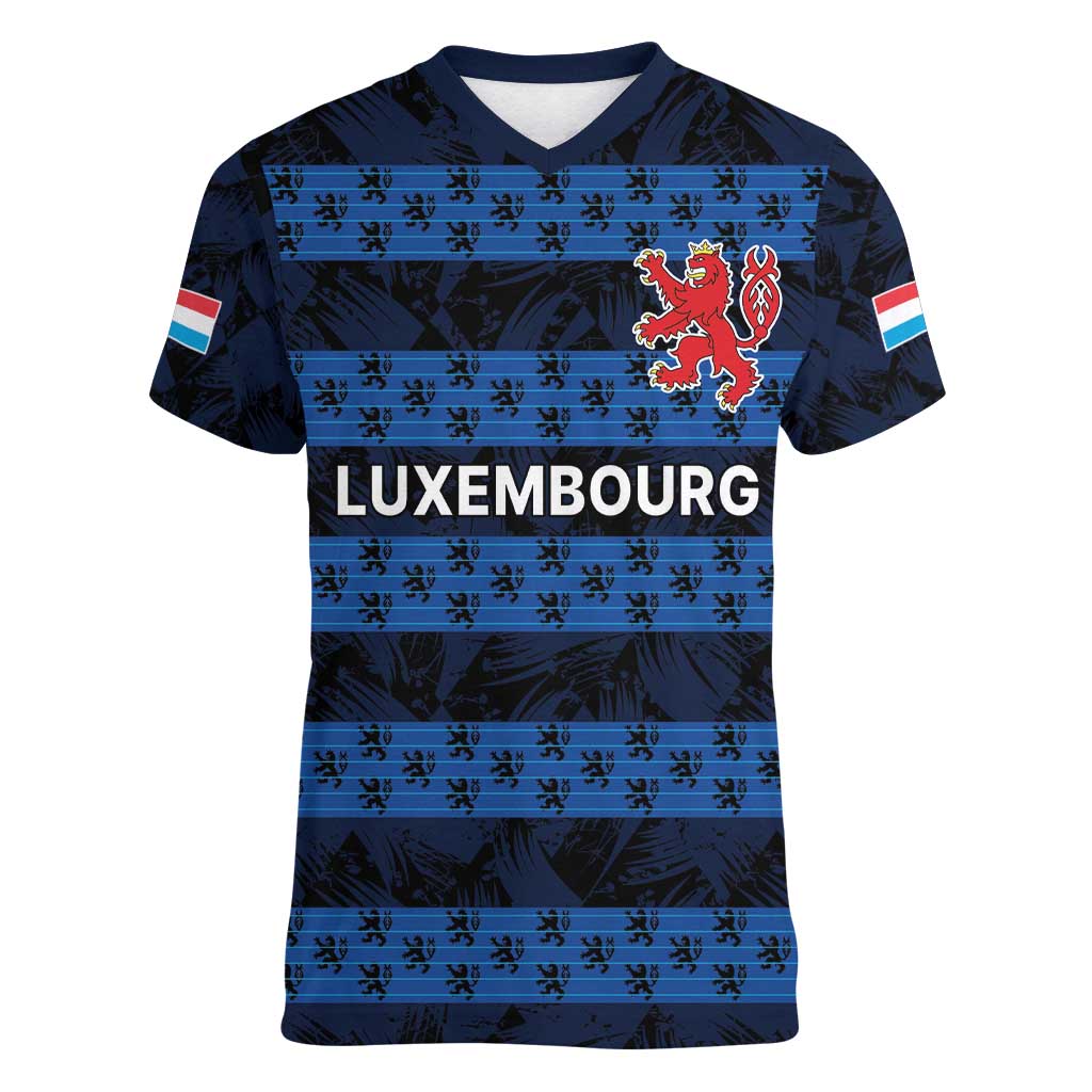 Luxembourg Football Custom Women V-Neck T-Shirt The Red Lions Tribal Pattern - Wonder Print Shop