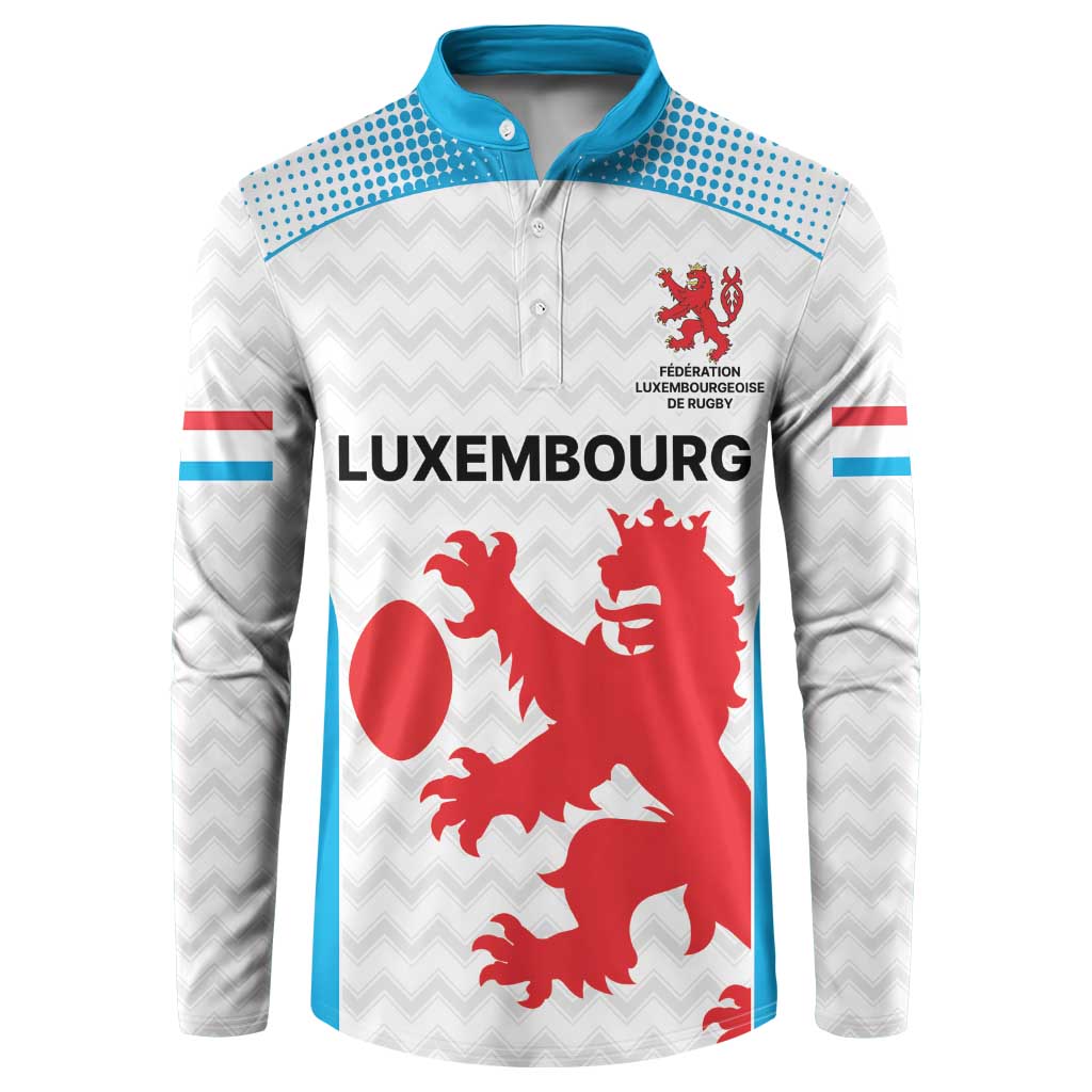 White rugby button sweatshirt with blue collar and red crest graphic