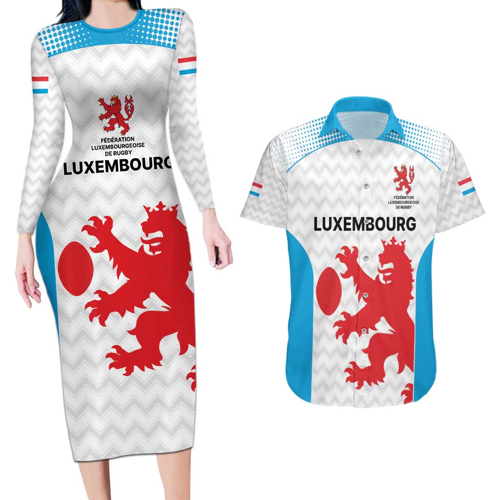 Luxembourg Custom Couples Matching Long Sleeve Bodycon Dress and Hawaiian Shirt Motifs 2021-22 Federation Luxembourgeoise de Rugby LT9 - Wonder Print Shop