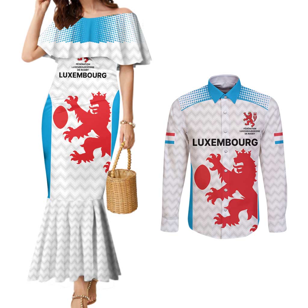 Luxembourg Custom Couples Matching Mermaid Dress and Long Sleeve Button Shirt Motifs 2021-22 Federation Luxembourgeoise de Rugby