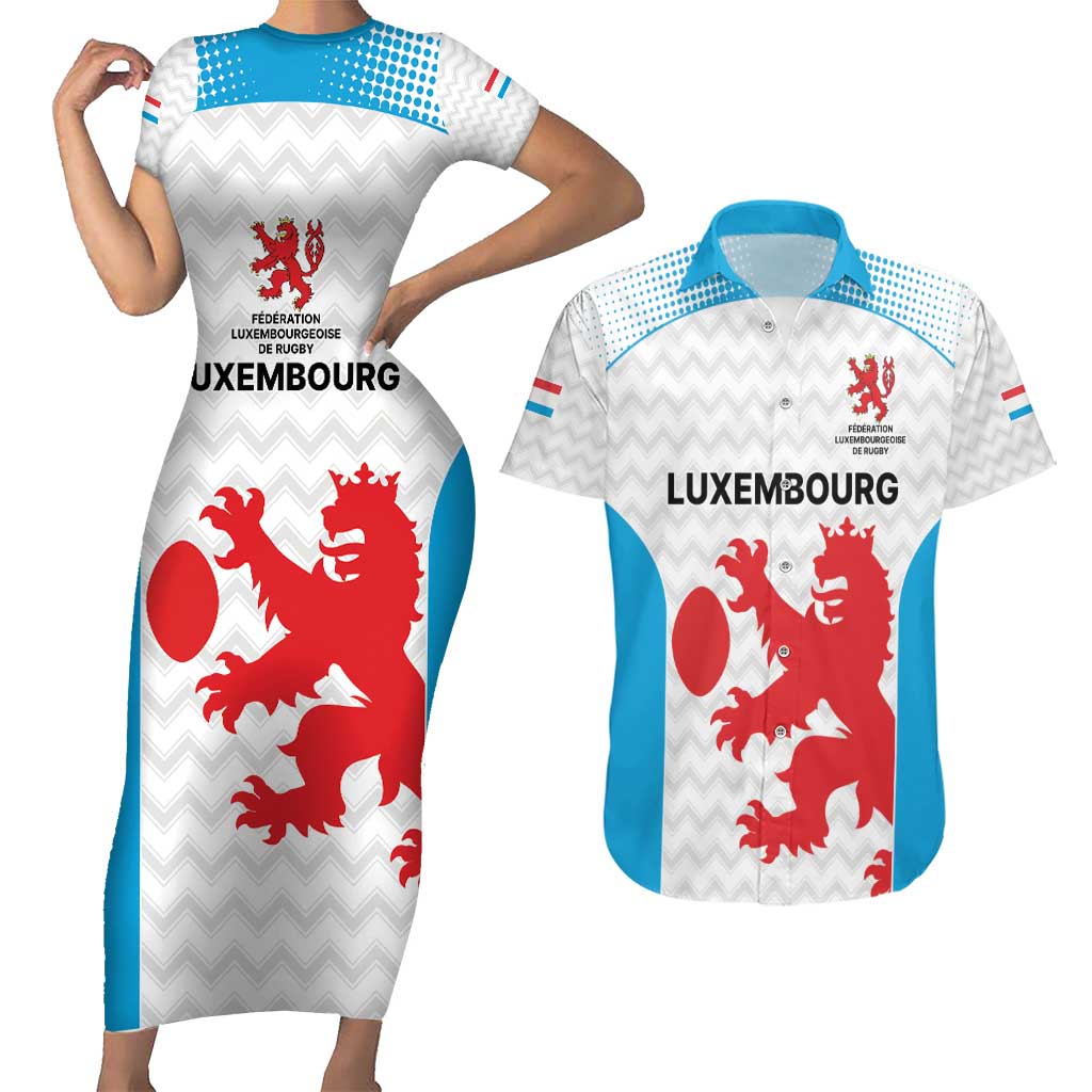 Luxembourg Custom Couples Matching Short Sleeve Bodycon Dress and Hawaiian Shirt Motifs 2021-22 Federation Luxembourgeoise de Rugby LT9 - Wonder Print Shop