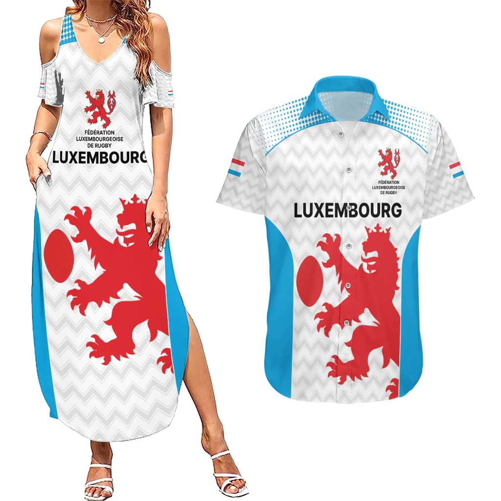 Luxembourg Custom Couples Matching Summer Maxi Dress and Hawaiian Shirt Motifs 2021-22 Federation Luxembourgeoise de Rugby LT9 - Wonder Print Shop