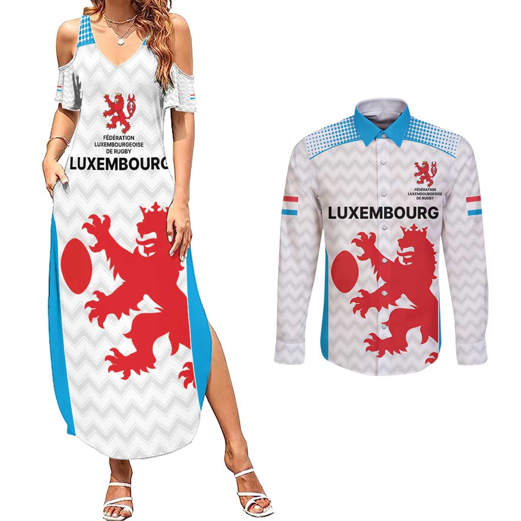 Luxembourg Custom Couples Matching Summer Maxi Dress and Long Sleeve Button Shirt Motifs 2021-22 Federation Luxembourgeoise de Rugby LT9 - Wonder Print Shop