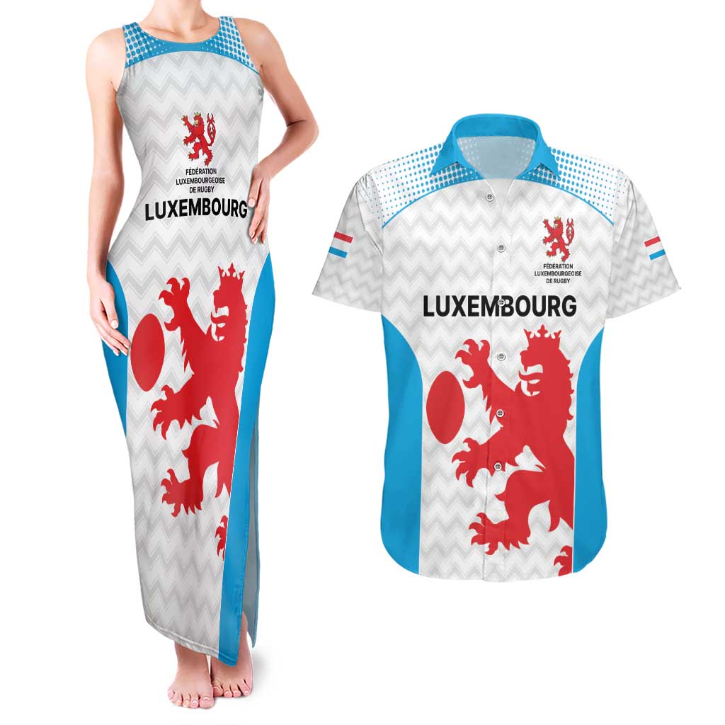 Luxembourg Custom Couples Matching Tank Maxi Dress and Hawaiian Shirt Motifs 2021-22 Federation Luxembourgeoise de Rugby LT9 - Wonder Print Shop