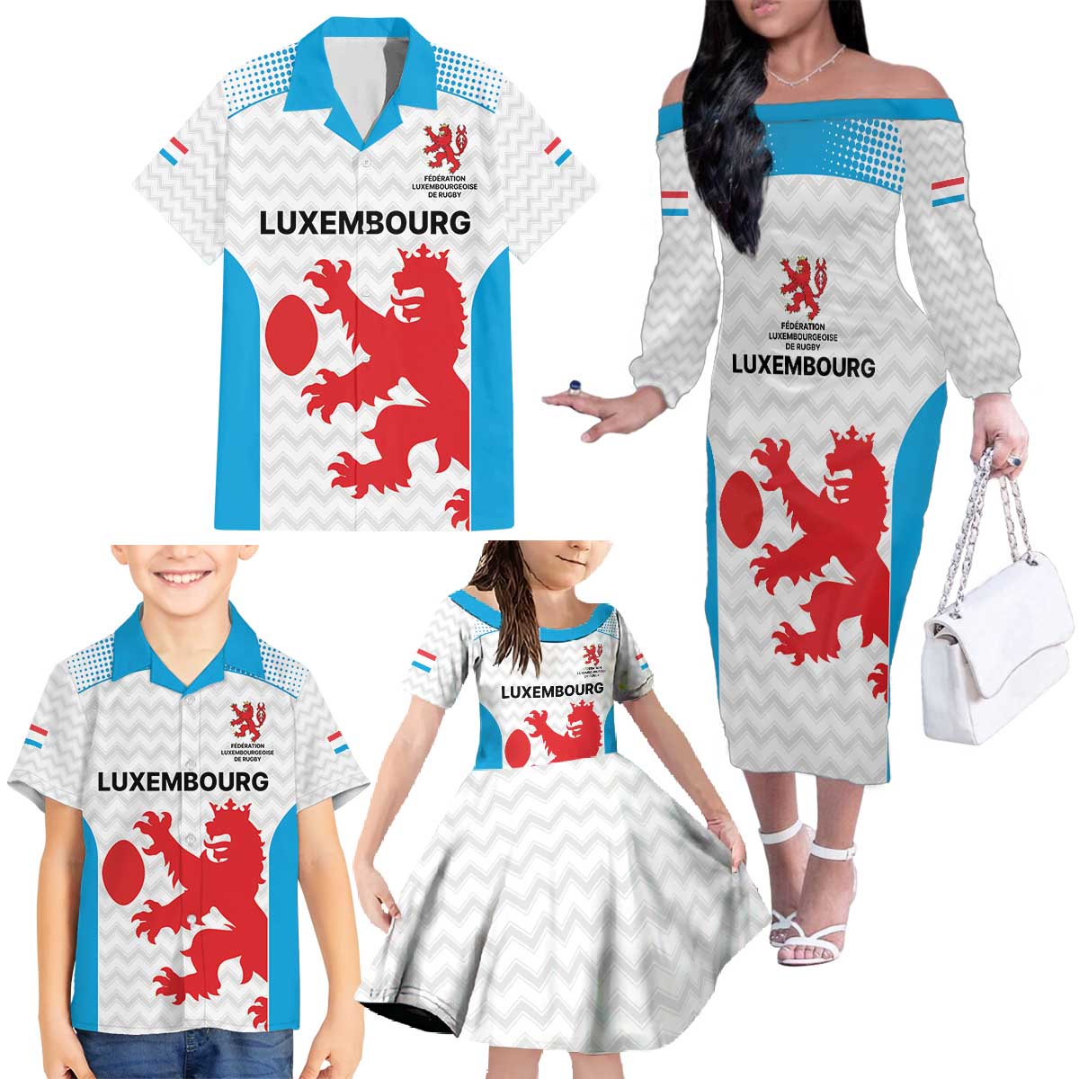 Luxembourg Custom Family Matching Off The Shoulder Long Sleeve Dress and Hawaiian Shirt Motifs 2021-22 Federation Luxembourgeoise de Rugby - Wonder Print Shop