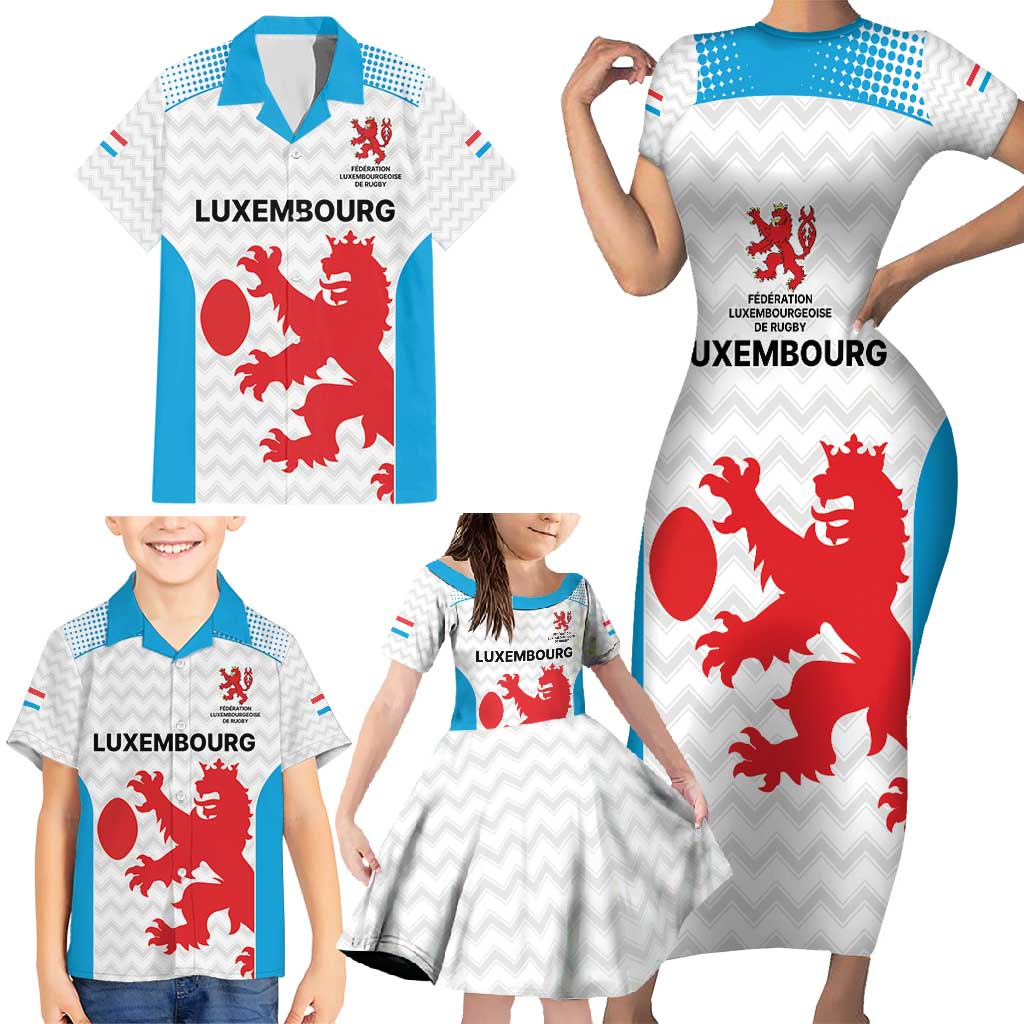 Luxembourg Custom Family Matching Short Sleeve Bodycon Dress and Hawaiian Shirt Motifs 2021-22 Federation Luxembourgeoise de Rugby - Wonder Print Shop