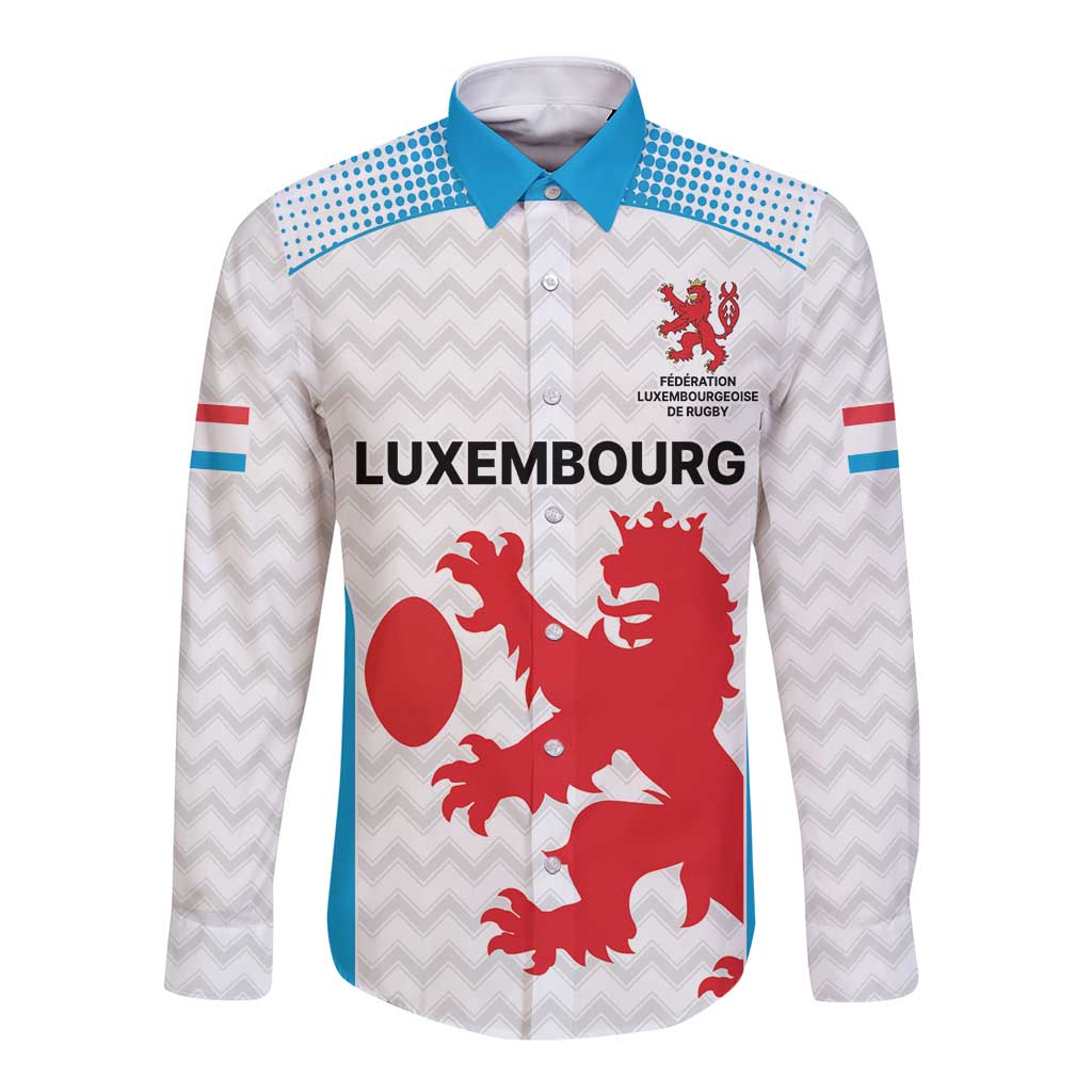 White long sleeve button shirt with blue collar trim and red rugby crest motif