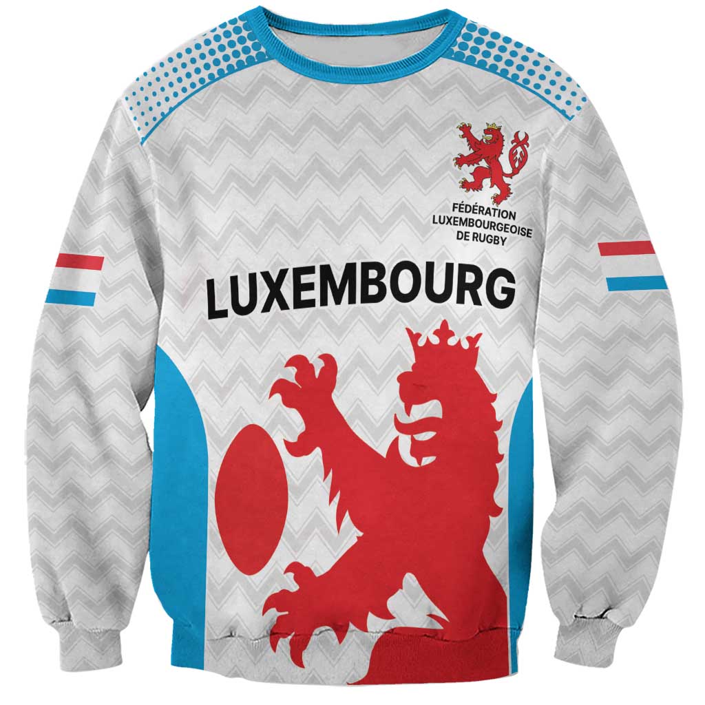White unisex custom rugby sweatshirt with red-and-blue lion crest and text graphic