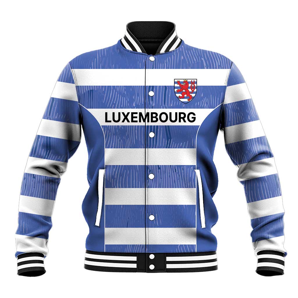 Vintage blue striped baseball jacket with Luxembourg crest and bold front lettering