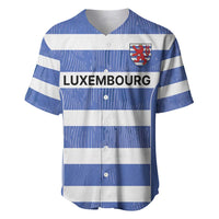 Blue/white striped rugby baseball jersey, front crest and Luxembourg text
