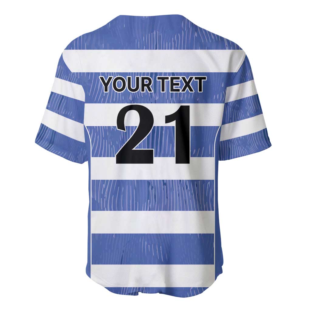 Back view: blue/white striped rugby jersey with YOUR TEXT and number 21