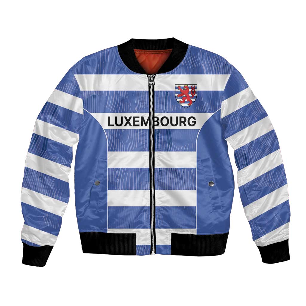 Blue bomber jacket with white stripes, front zipper, crest and Luxembourg motif