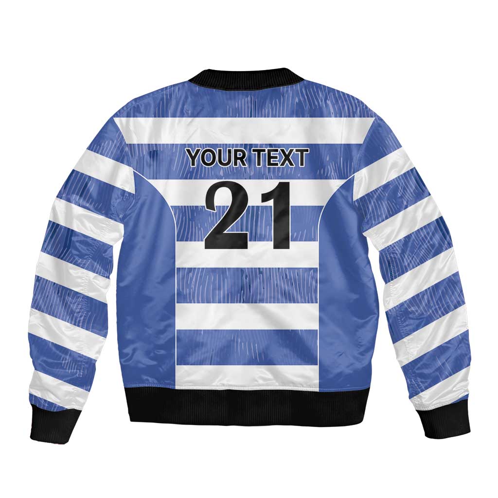 Blue bomber jacket with white stripes, ribbed hem, back print YOUR TEXT 21