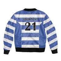 Blue bomber jacket with white stripes, ribbed hem, back print YOUR TEXT 21