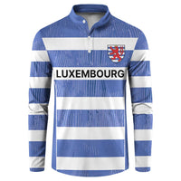 Blue and white striped rugby button sweatshirt with Luxembourg crest and 'LUXEMBOURG'