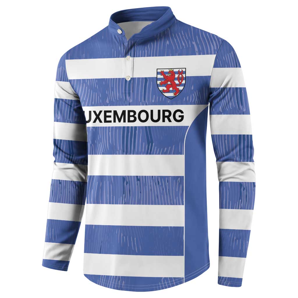 Blue and white striped rugby button sweatshirt with Luxembourg crest and 'LUXEMBOURG' banner