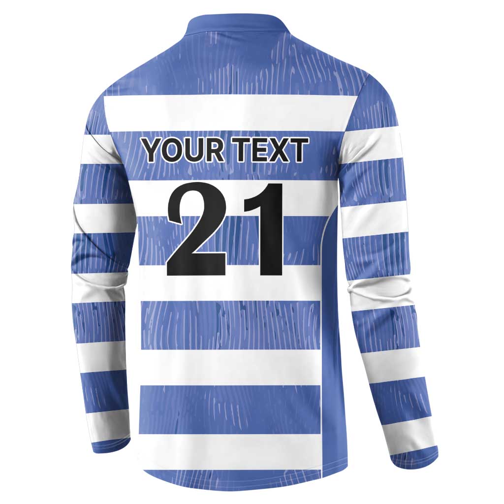 Blue and white striped rugby button sweatshirt with 'YOUR TEXT' and number '21'