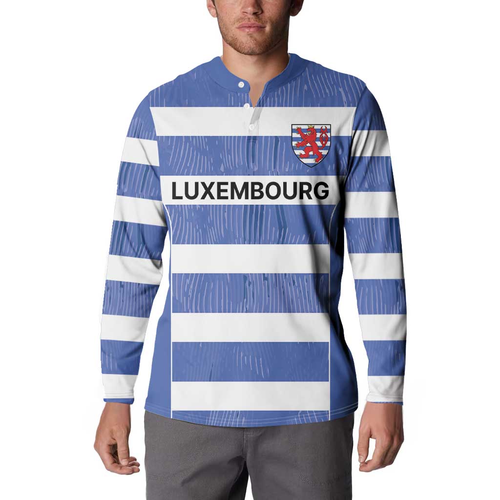 Blue and white striped rugby button sweatshirt with Luxembourg crest and 'LUXEMBOURG' front