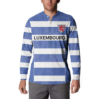 Blue and white striped rugby button sweatshirt with Luxembourg crest and 'LUXEMBOURG' front