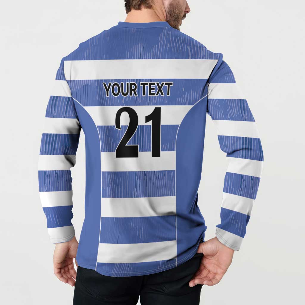 Blue and white striped rugby button sweatshirt with 'YOUR TEXT' and number '21' on back