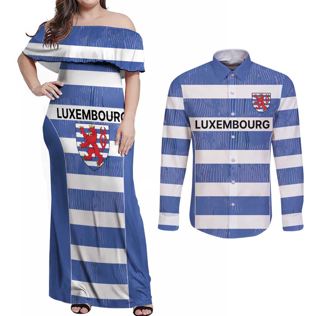 Luxembourg Rugby Custom Couples Matching Off Shoulder Maxi Dress and Long Sleeve Button Shirt Motifs 1997 Vintage LT9 - Wonder Print Shop