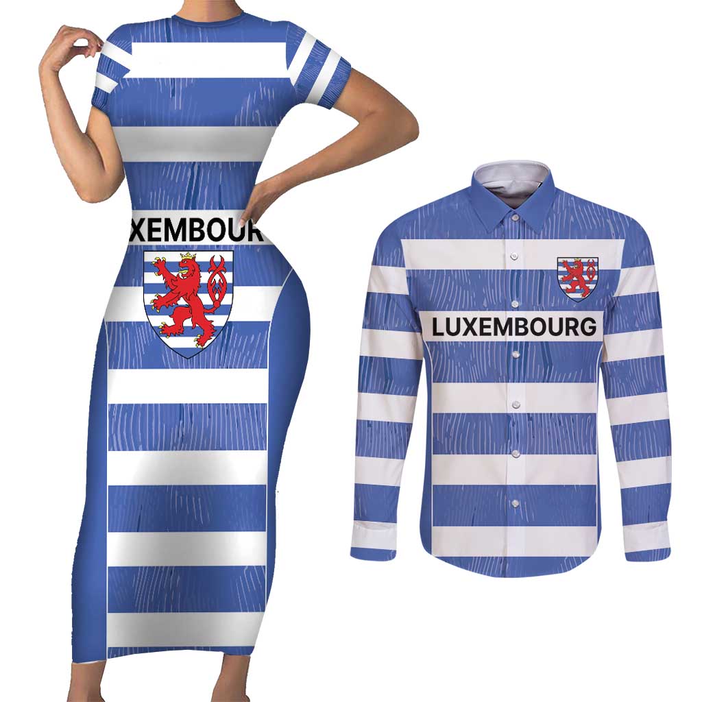 Luxembourg Rugby Custom Couples Matching Short Sleeve Bodycon Dress and Long Sleeve Button Shirt Motifs 1997 Vintage LT9 - Wonder Print Shop