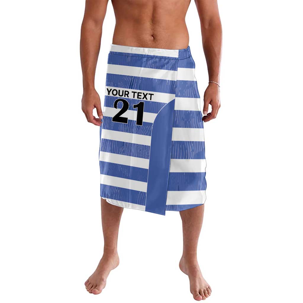 Men's blue and white striped lavalava sarong with number 21 and side slit