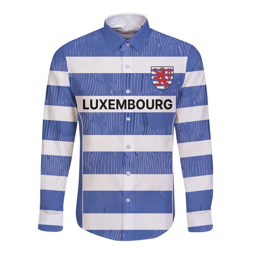 Blue long-sleeve rugby button shirt with white stripes and crest, front view