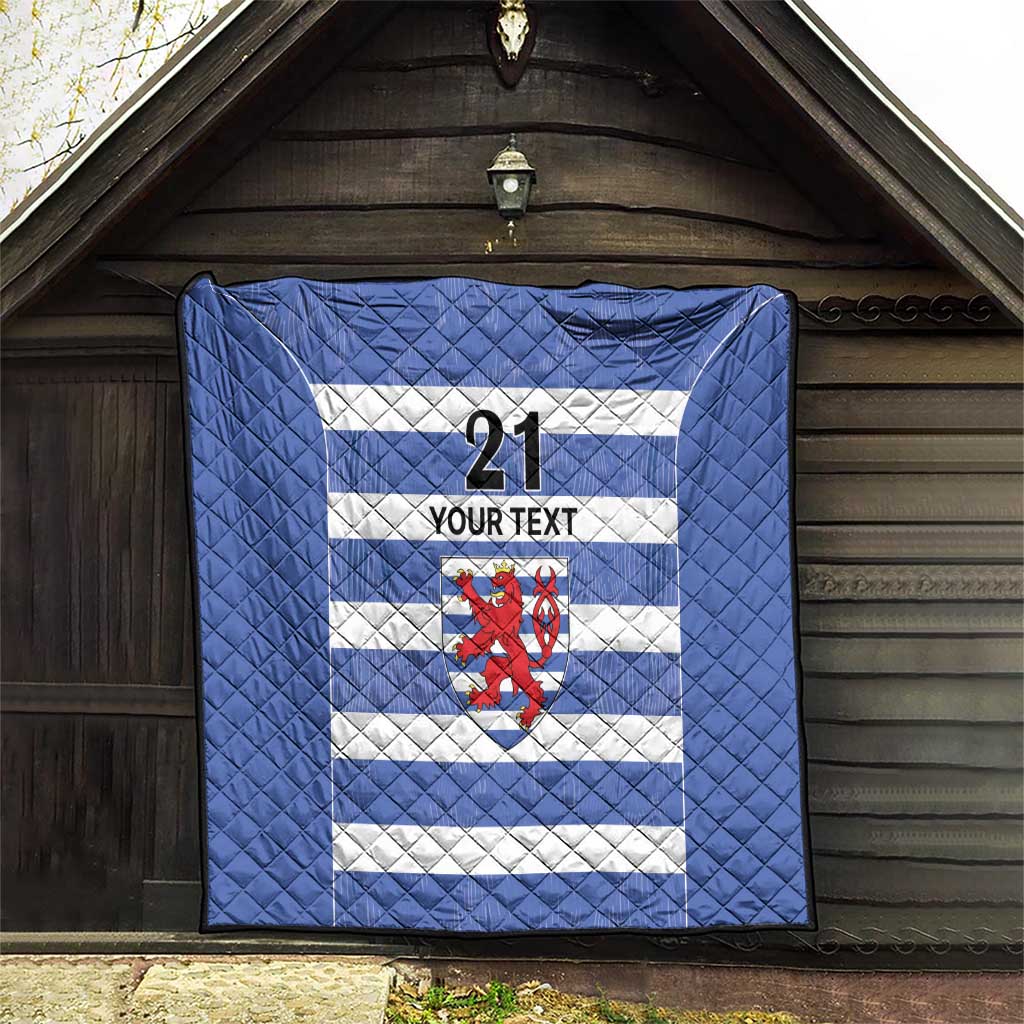 Blue quilt hanging display style, with white stripes, number 21, custom text, lion crest