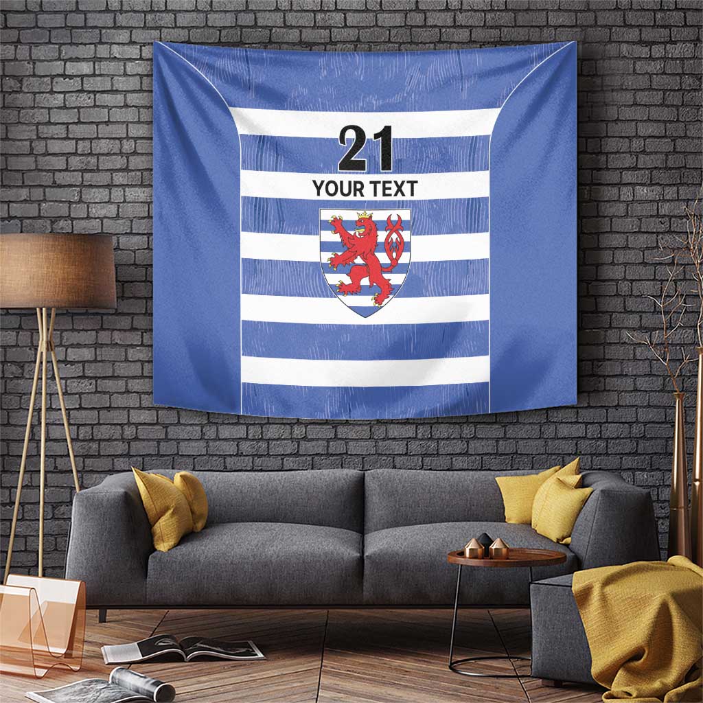 Blue rugby tapestry wall hanging with white stripes, lion crest, and "YOUR TEXT"