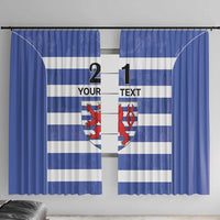 Blue and white striped window curtain pair with red lion crest and custom text panels.