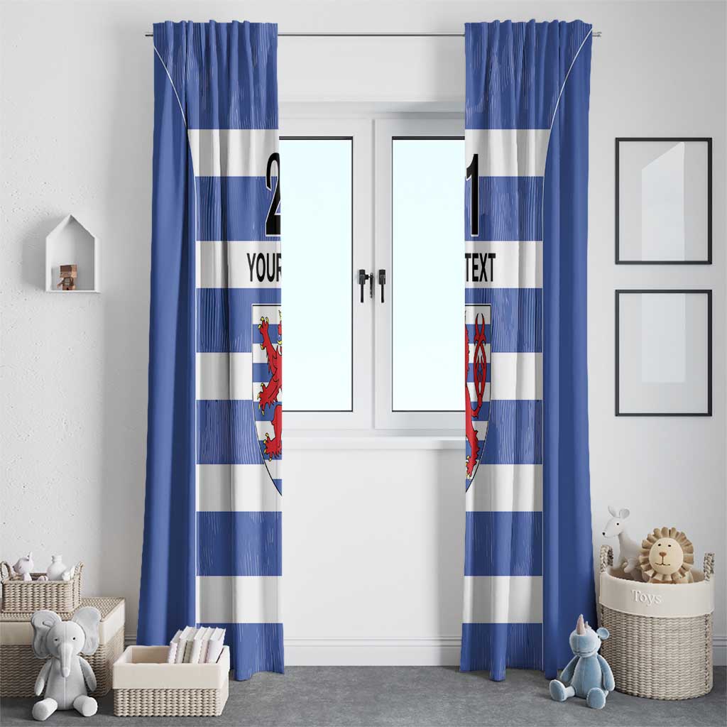 Blue and white striped window curtain pair with red lion crest motifs and custom text blocks.
