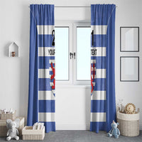 Blue and white striped window curtain pair with red lion crest motifs and custom text blocks.