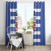 Blue and white striped curtain pair featuring red lion crest motifs and custom text on both panels.