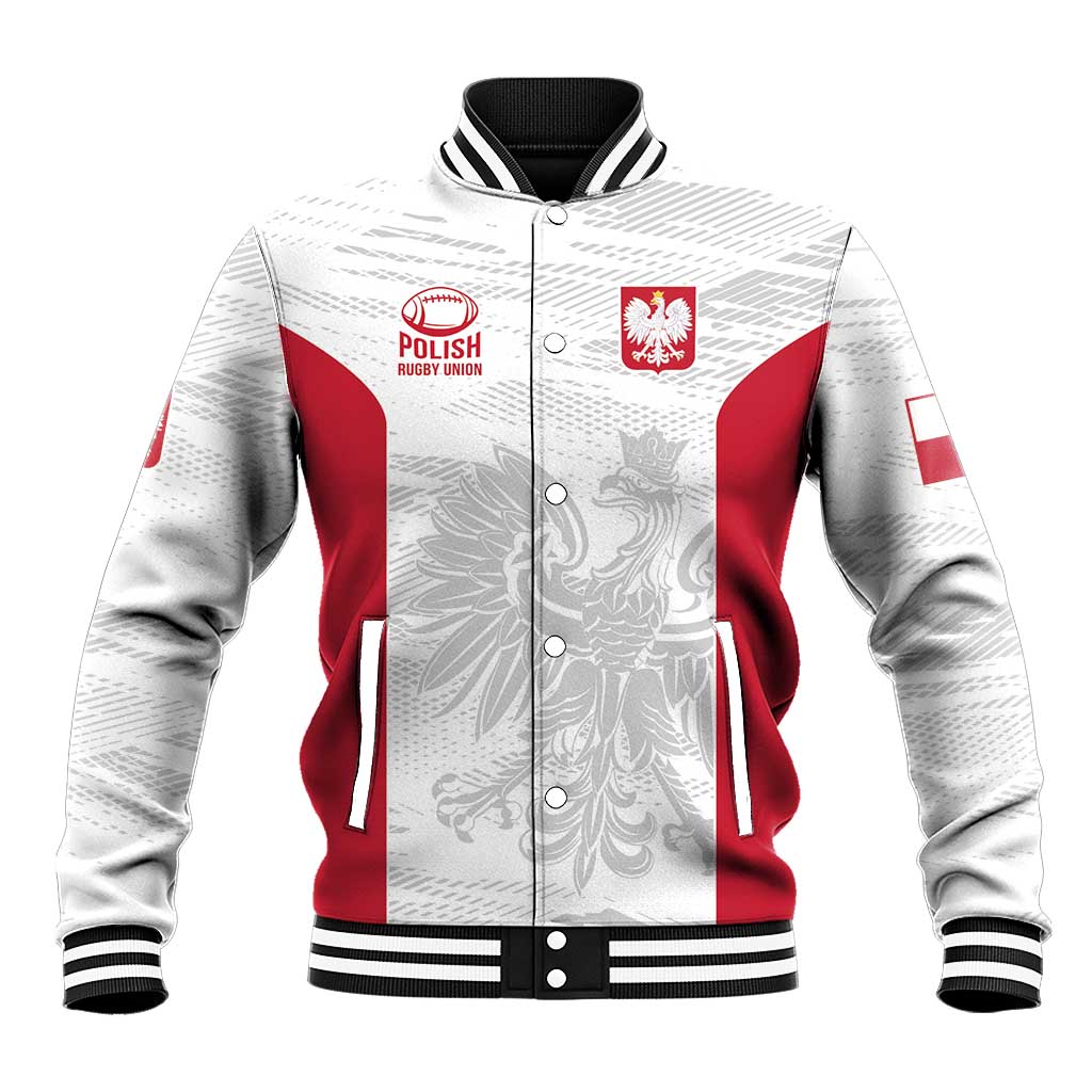 White and red zip-up varsity baseball jacket with Poland crest, ribbed black striped cuffs