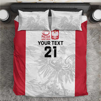 Rugby bedding set: white duvet with red sides, gray crest, 'YOUR TEXT 21' print