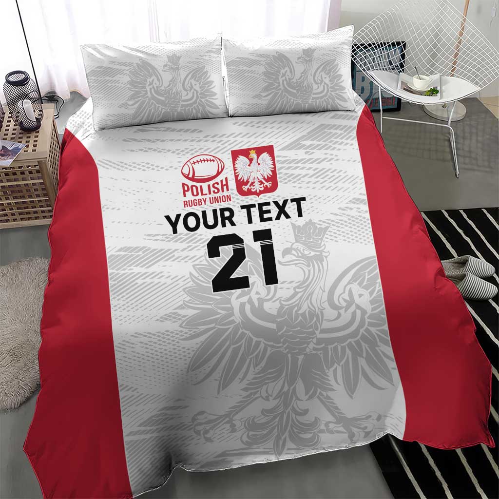 Rugby bedding set: white duvet with red panels and gray crest, 'YOUR TEXT 21' center print