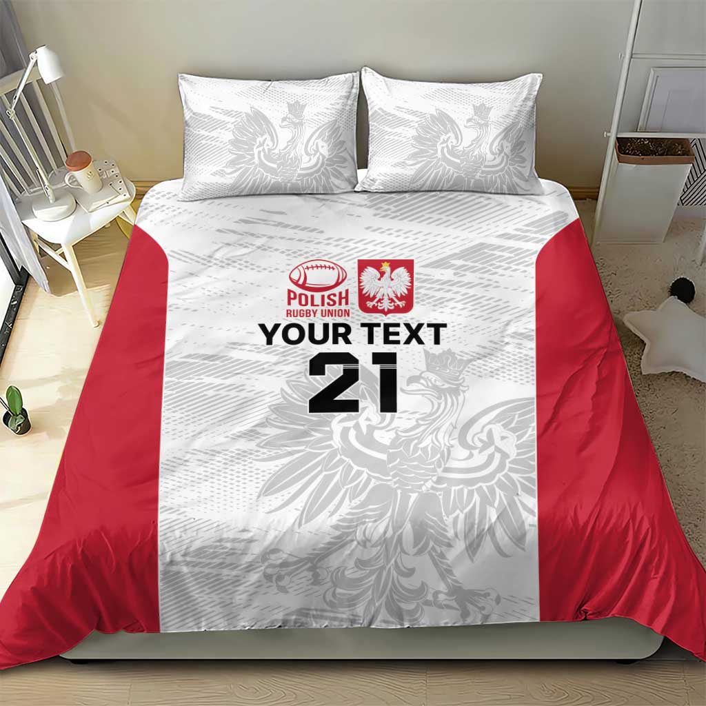 Rugby bedding set with white duvet, red side panels, gray crest pattern, 'YOUR TEXT 21'