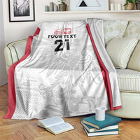 Custom rugby blanket in white with red trim, leaf pattern, crest, “YOUR TEXT” 21