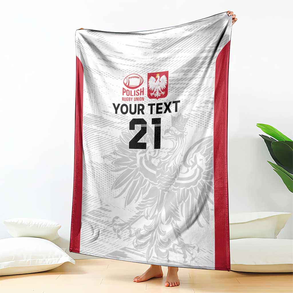 White rugby blanket with red side trim, crest and “YOUR TEXT” 21 on leaf pattern