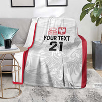 White custom rugby blanket with red trim, “YOUR TEXT” and 21 over leaf pattern