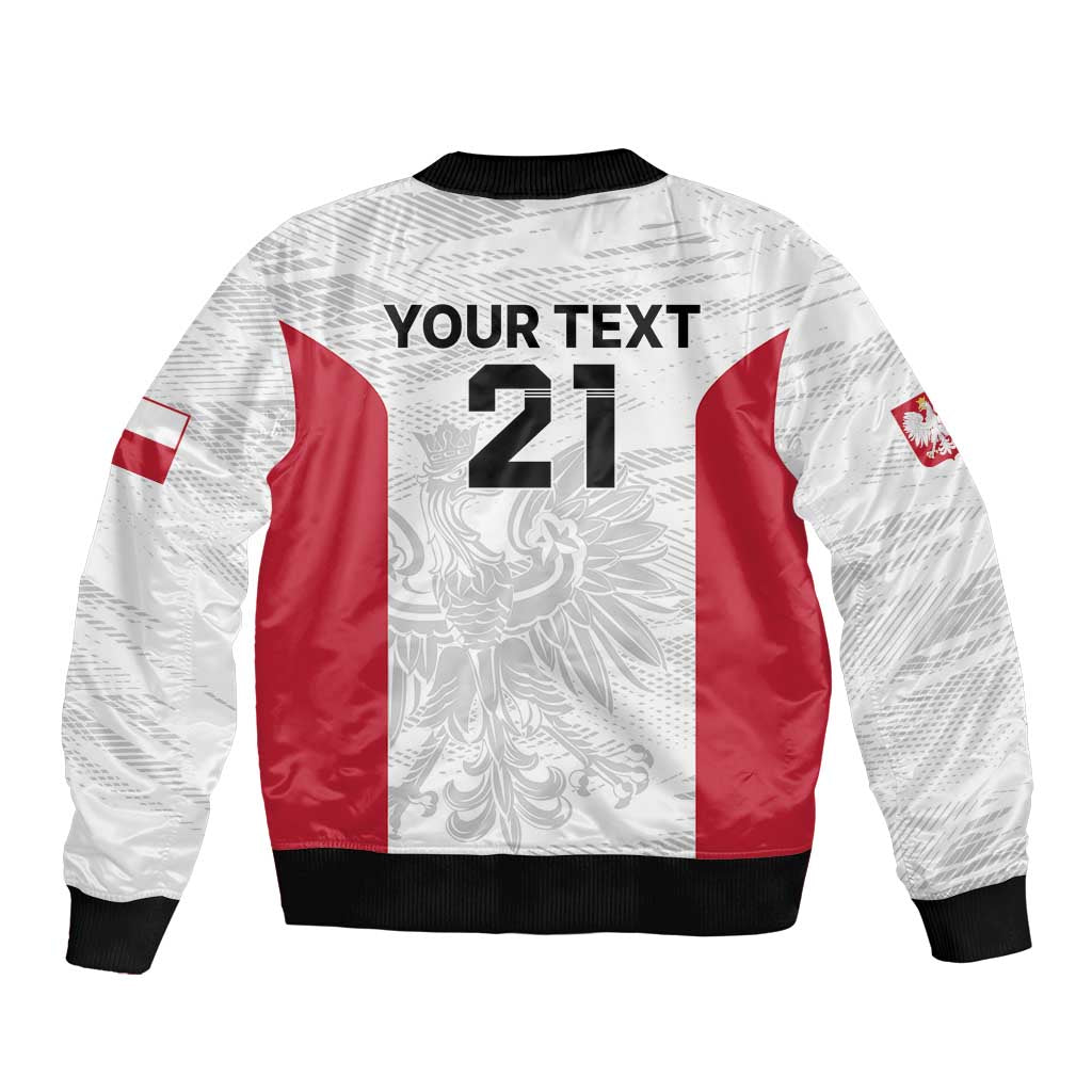 White and red bomber jacket back with large 21-style graphic, text, and sleeve crest