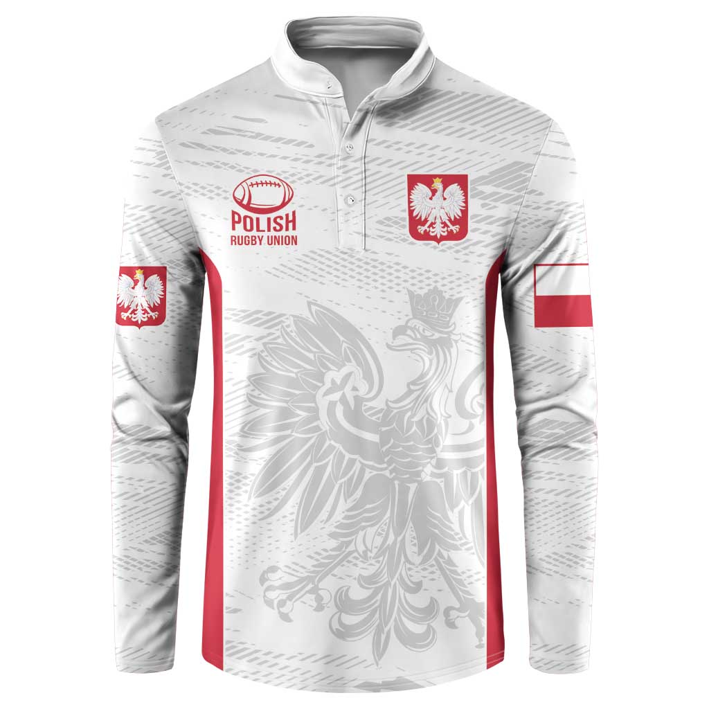White rugby button sweatshirt with red side stripe and Polish Rugby Union badge