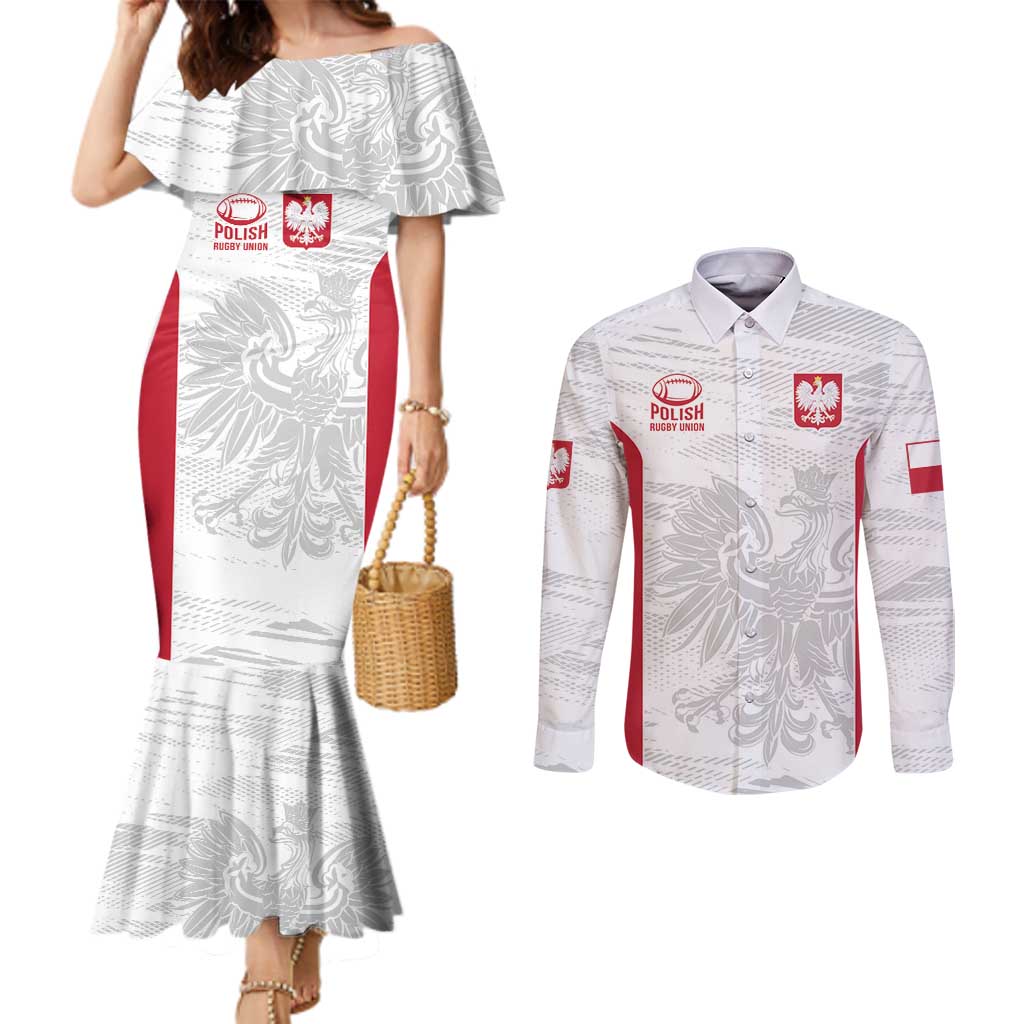 Poland Rugby Custom Couples Matching Mermaid Dress and Long Sleeve Button Shirt Biało-czerwoni The White and Reds Sporty Pattern